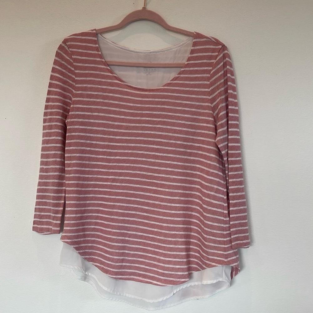 Soho New York & Company Jeans 3/4 Sleeve Blouse Split Back Pink White Stripe S